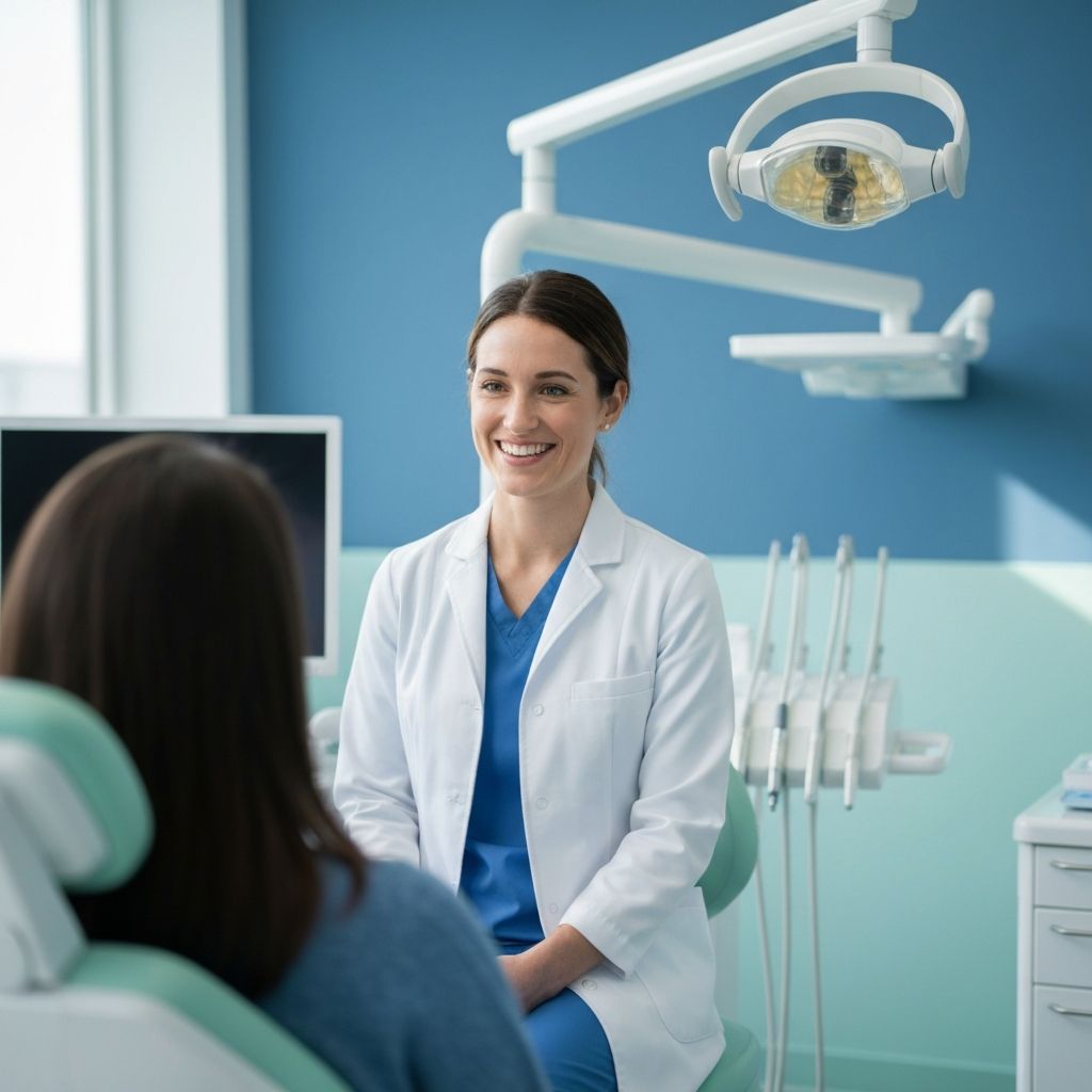 Dentista sorrindo em consultório moderno